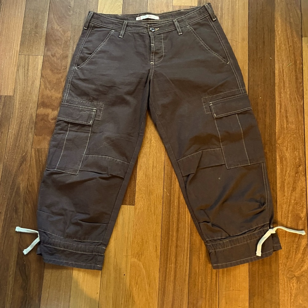 Joie Y2K Brown Distressed Canvas Baggy Cropped Cargo Pants sz 28 Gorpcore